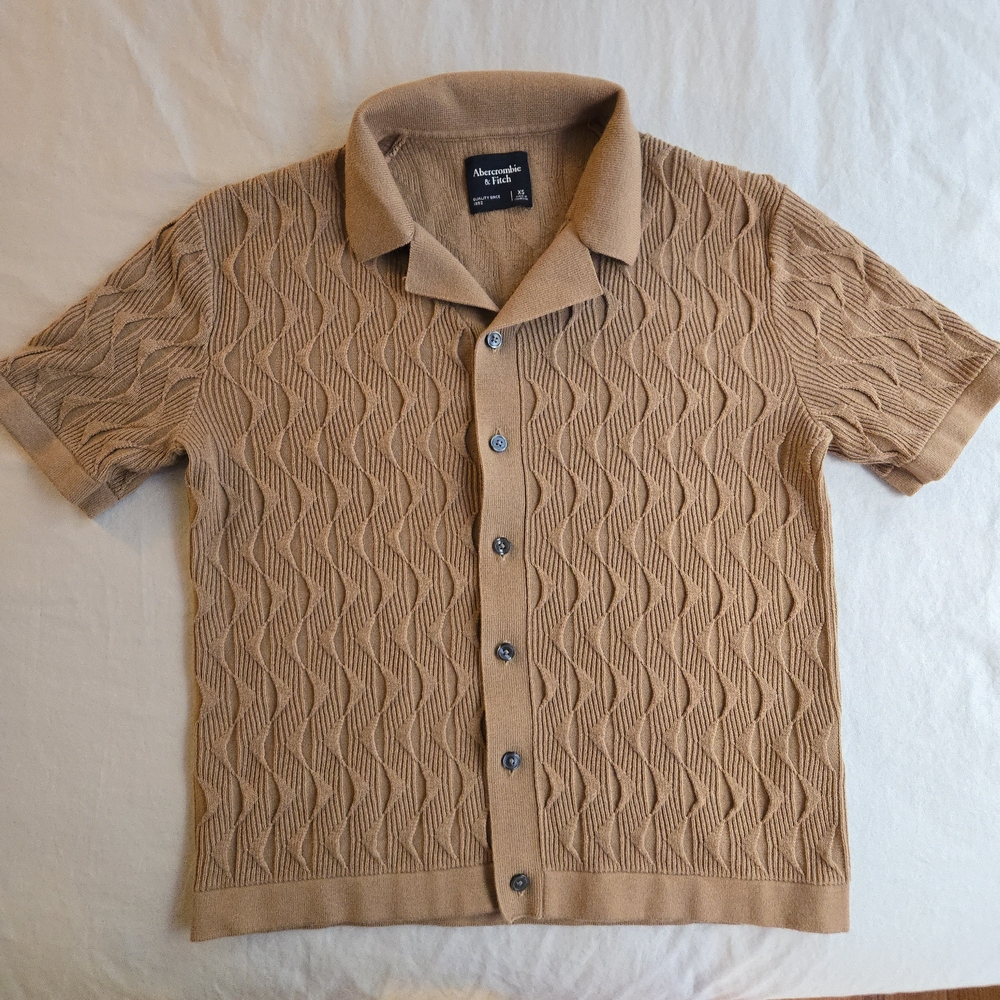 Abercrombie & Fitch Tan Textured Knit Button Polo Shirt Retro Vintage Style